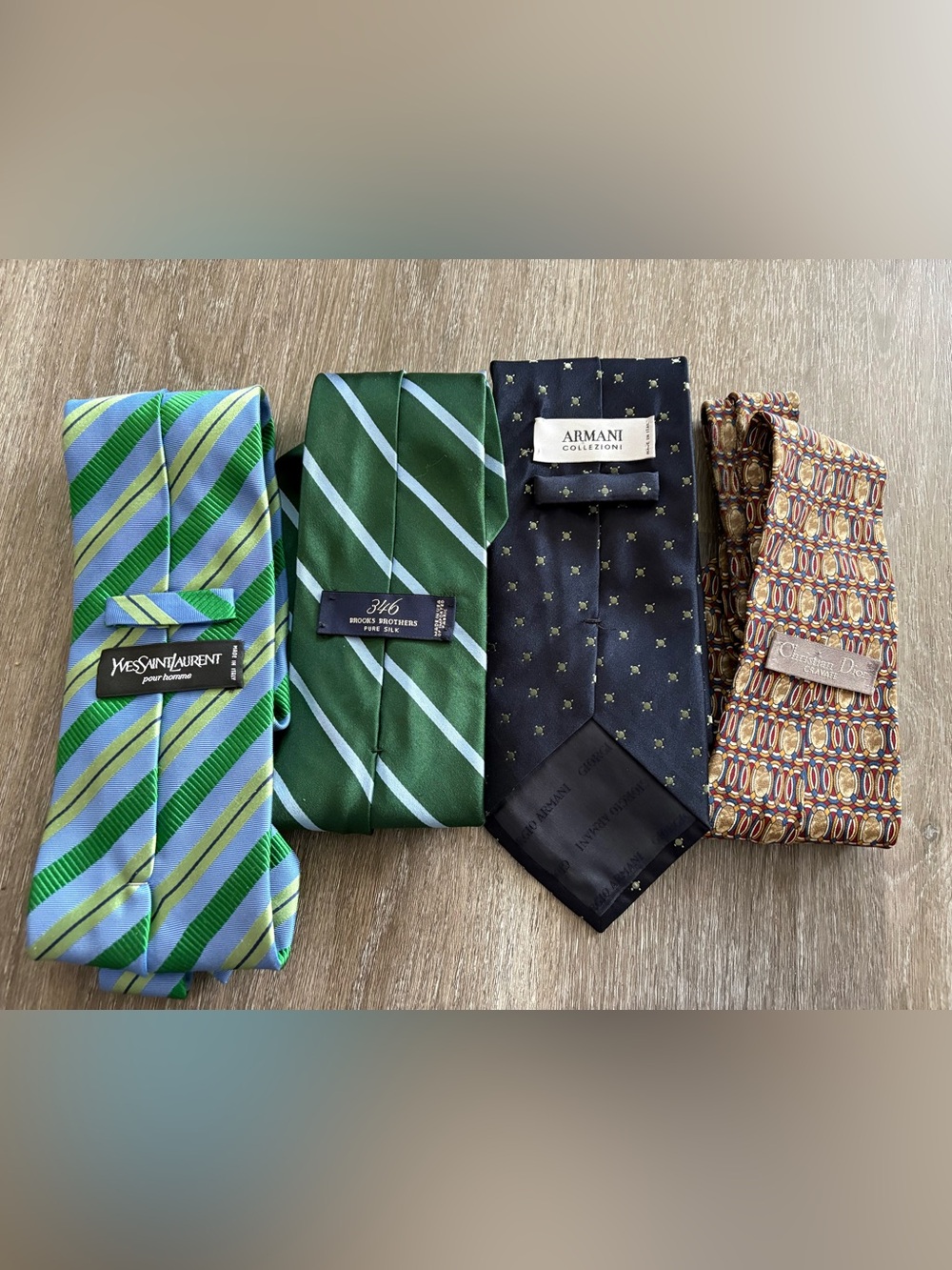 Set of Four Men's Silk Designer Ties in Green, Navy and Brown